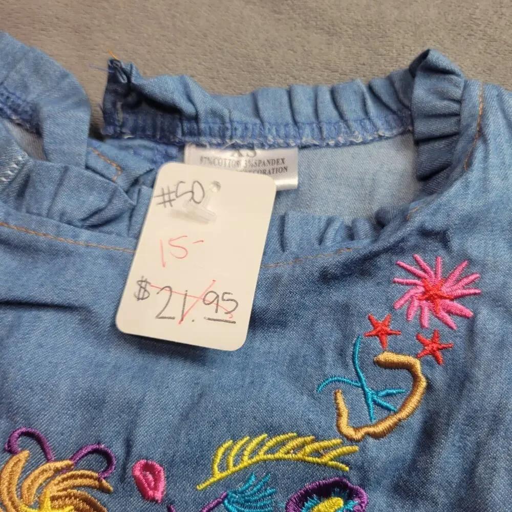 Boutique‎ Dress Girls Blue Pink Embroidered Flowers Chambray Size 18-24 Used